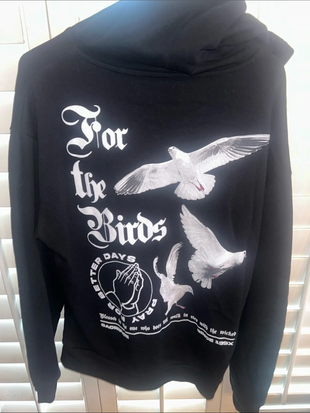 Black Crewneck Hoodie with White Prayer Hands Graphic